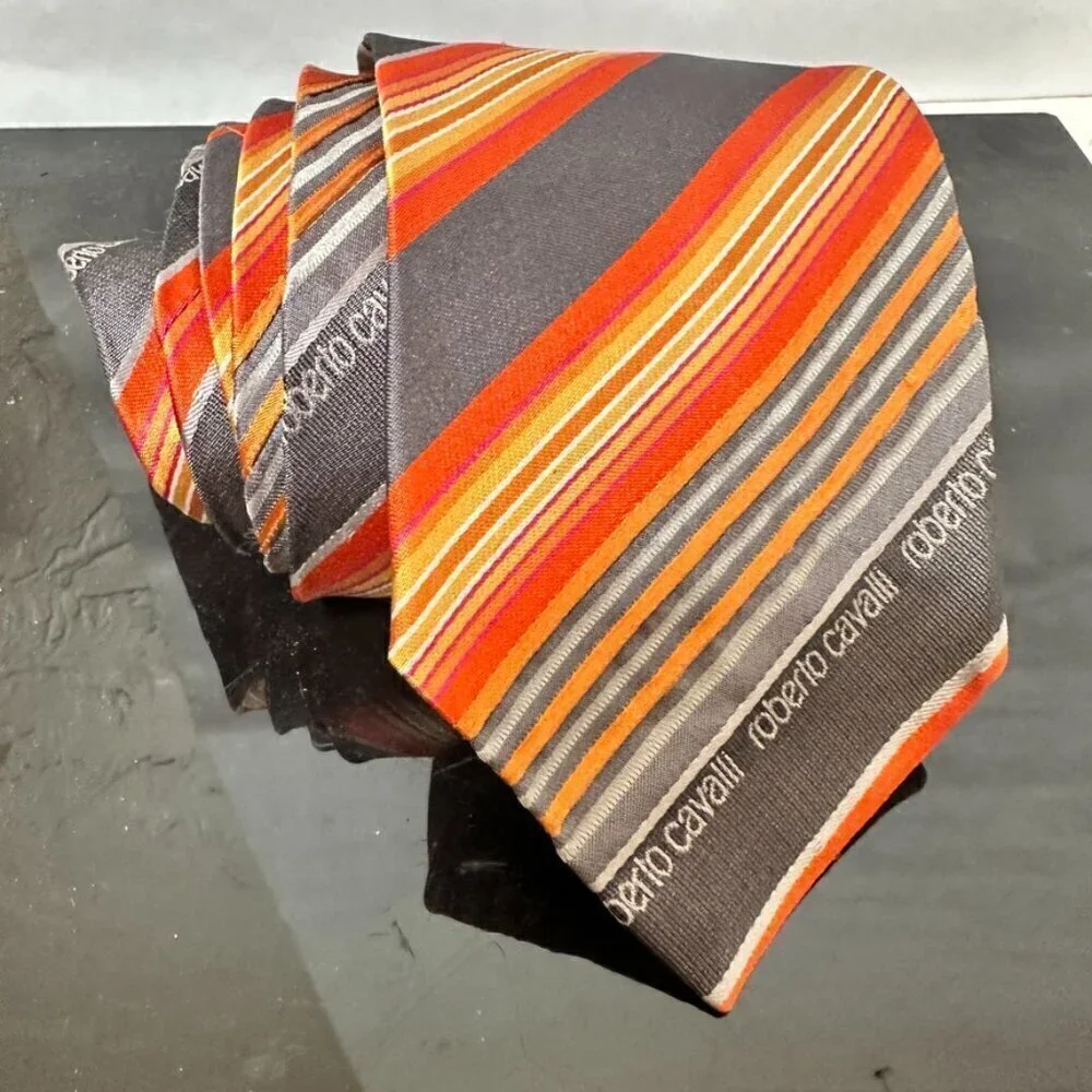 Roberto Cavalli Silk Tie Orange Gray Yellow Stripe Striped White Luxury